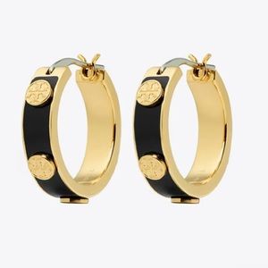Tory Burch Black and Gold Logo Hoop Earrings